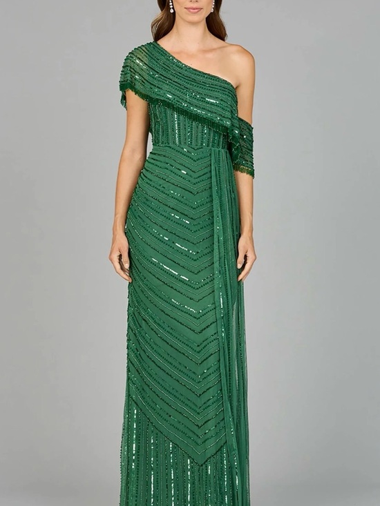 LARA Dresses & Skirts - LARA One-Shoulder Emerald Green Beaded Evening Gown